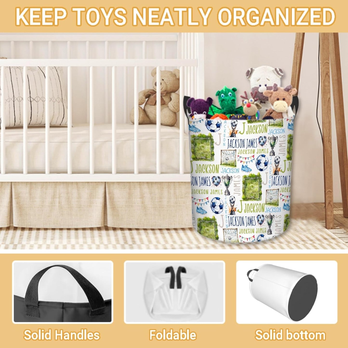 Personalized Soccer Laundry Basket, Custom Sports Laundry Hamper With Name Gifts For Kids Baby Adults, Collapsible Dirty Clothes Storage Organizer With Handles S 16.5 X 13.8in