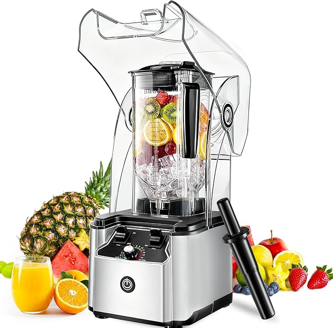 Commercial Blender for Smoothies 2200W With Soundproof Cover, 2200 ML, 15 Speeds, 6-leaves Stainless Steel Blade,Heavy Duty Blender for Restaurant,Ice Crush,Shakes, 9.5"D x 9"W x 19.7"H,Silver
