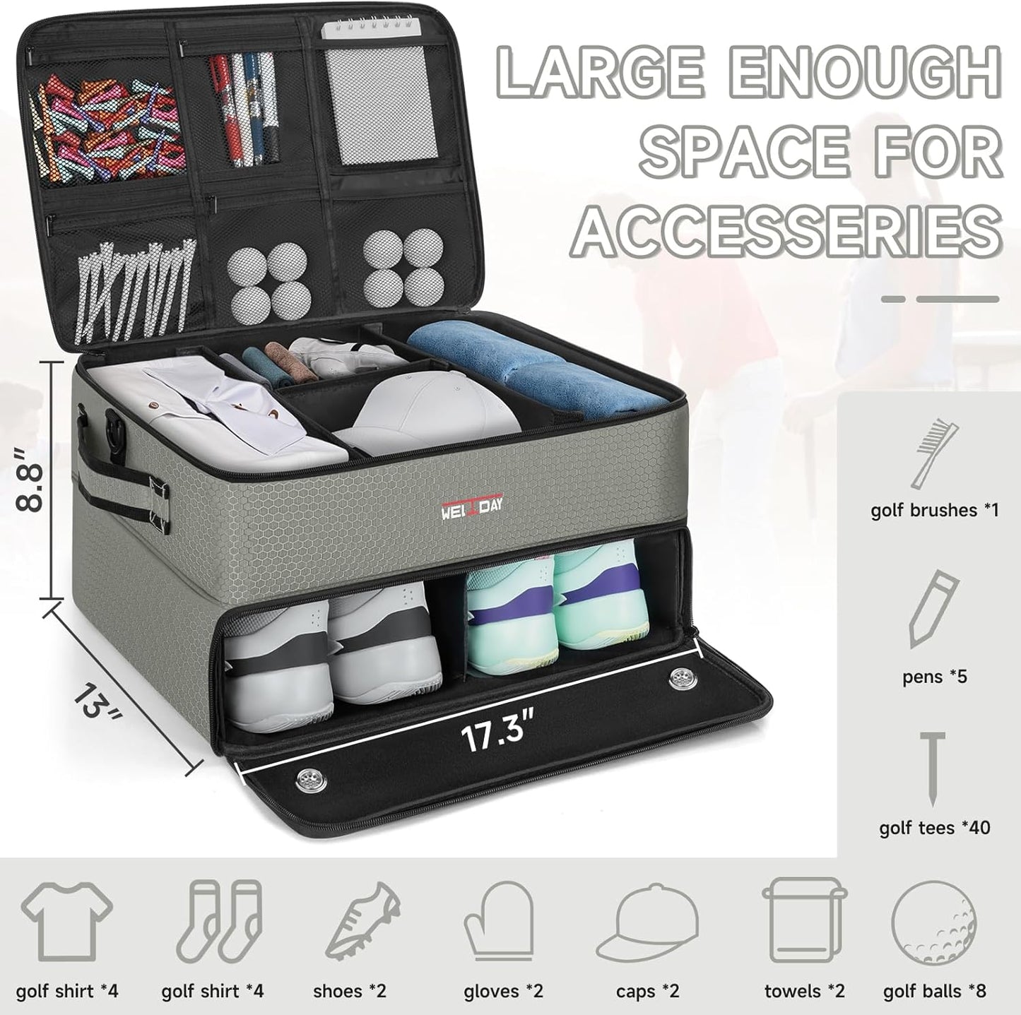 ANILD Golf Trunk Organizer, 2 Layer Golf Storage Case with Separate Ventilated Compartment for 2 Pair Shoes, for Balls, Tees, Clothes, Gloves, Accessories, Golfer Gifts