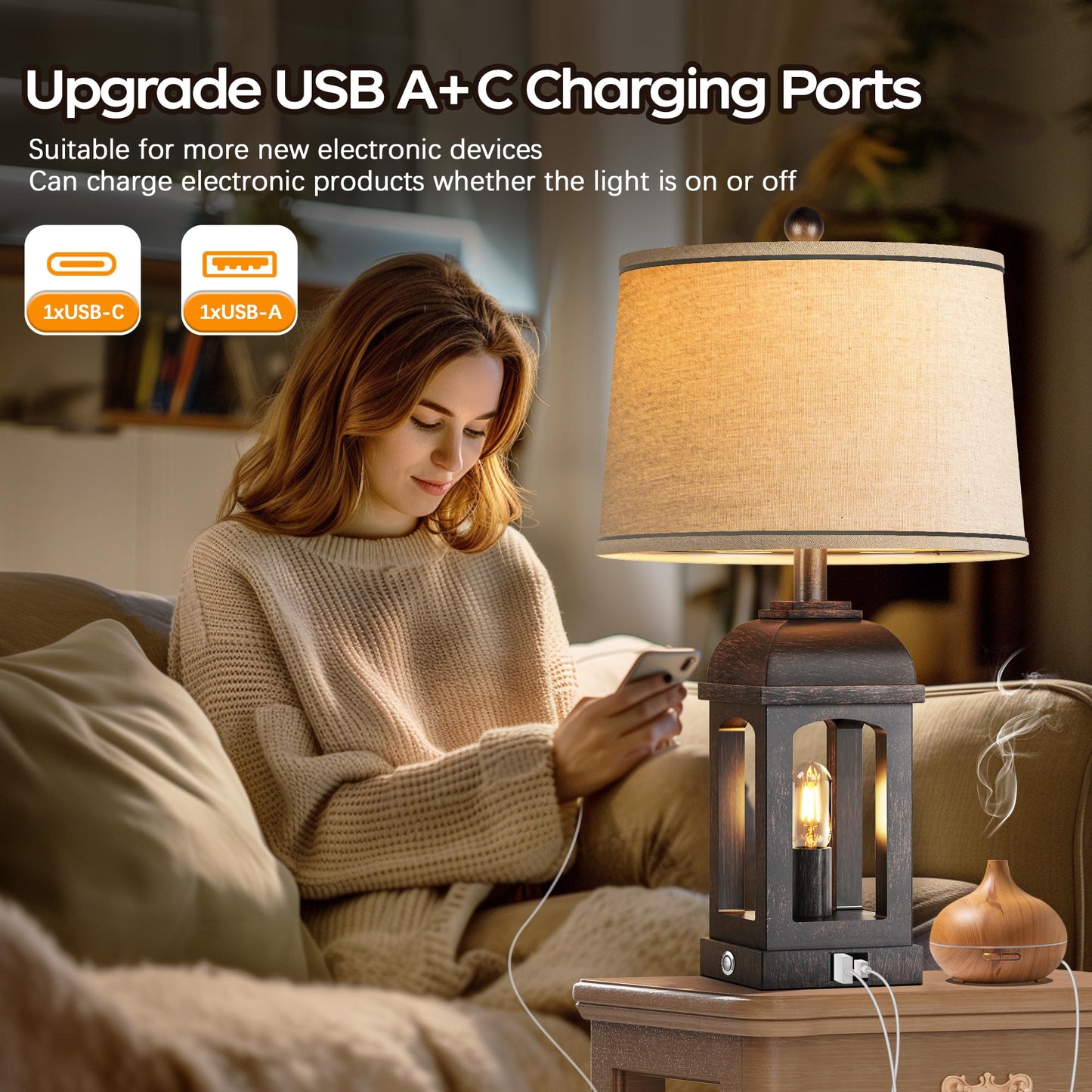QiMH Table Lamp - 26in Rustic Nightstand Lamp, 3-Way Dimmable Touch Control, USB A+C, Bronze, 1 Pack