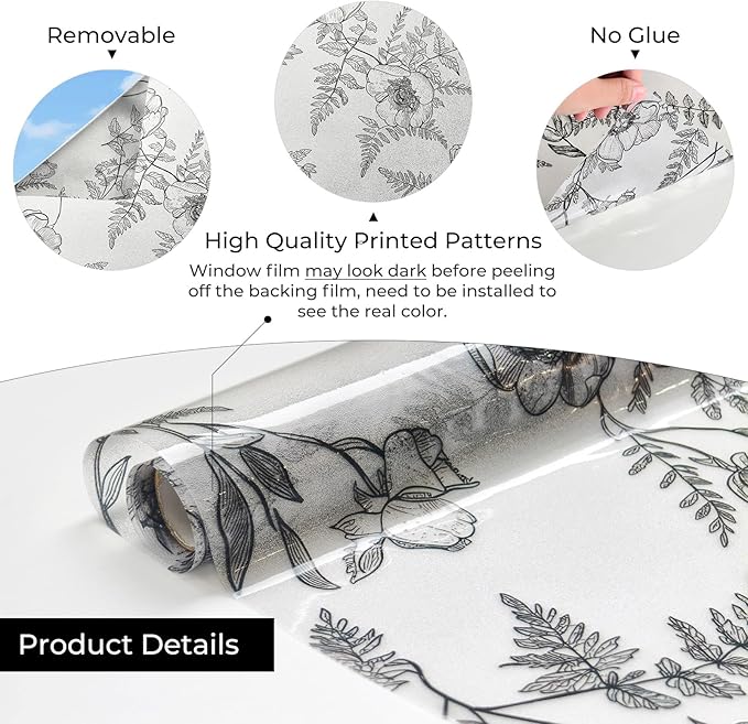 Window Privacy Film,Colorful Floral Window Stickers,Removable DIY Bouquet Static Clings, Decals for Home School Office Party Supplies,White Night Creeping, 17.3 x 78.7 in