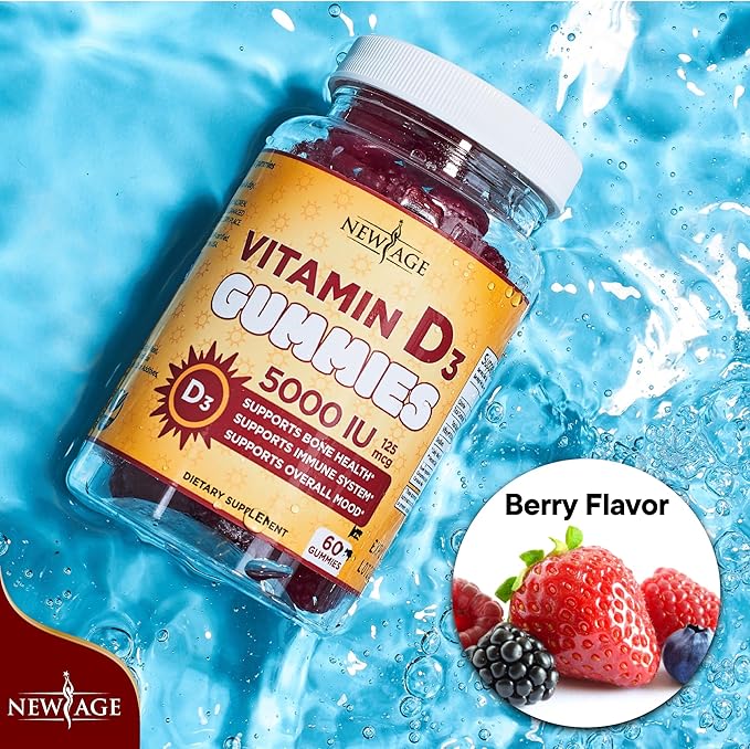NEW AGE Vitamin D3 5000 IU 125mcg Gummies - Support Immune Support, Strong Bone Health - Non-GMO, Gluten-Free, Dairy-Free, No Gelatin (180 Gummies (Pack of 3))