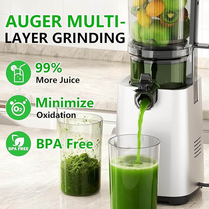 T34 Cold Press Juicer, Juicers Machines - 5.3" Large Feed Chute for Whole Fruits & Vegetables, Powerful AC Brushless Motor, 99% Juice Yield, Ultra Quiet, Easy Clean, Extra one Replace juicer strainer