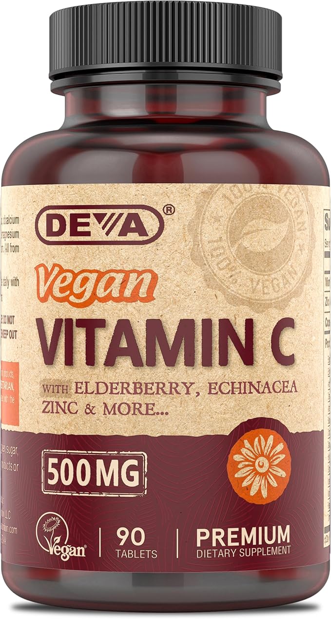 DEVA Vegan Vitamin C, 500 MG with Elderberry, Echinacea, Zinc & More, Vegan & No Animal Ingredients, 90 Tablets, 1-Pack