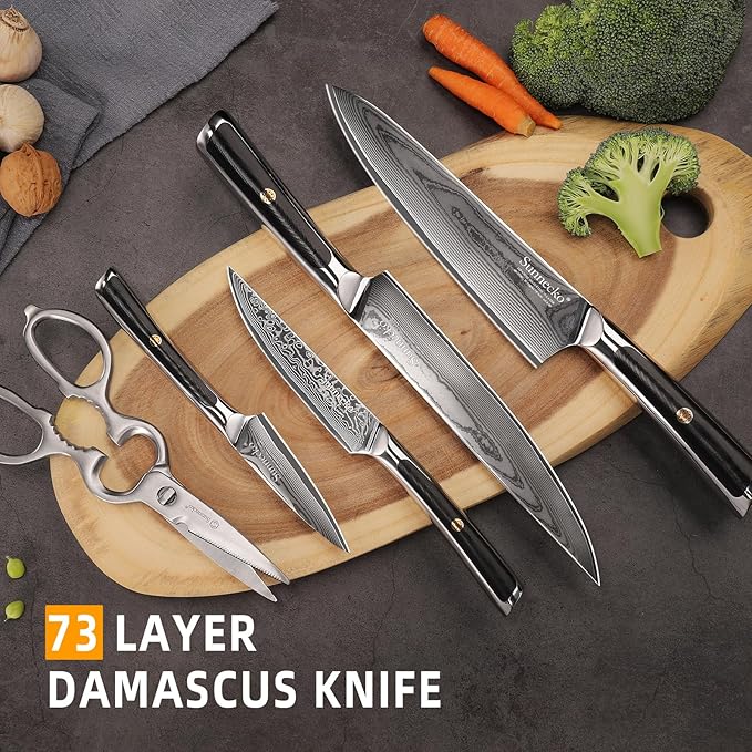 Sunnecko Damascus Kitchen Knife Set 5 Piece, Sharp Chef Knife Set with Kitchen Scissors, Professional Kitchen Knives Sets Full Tang with Gift Box