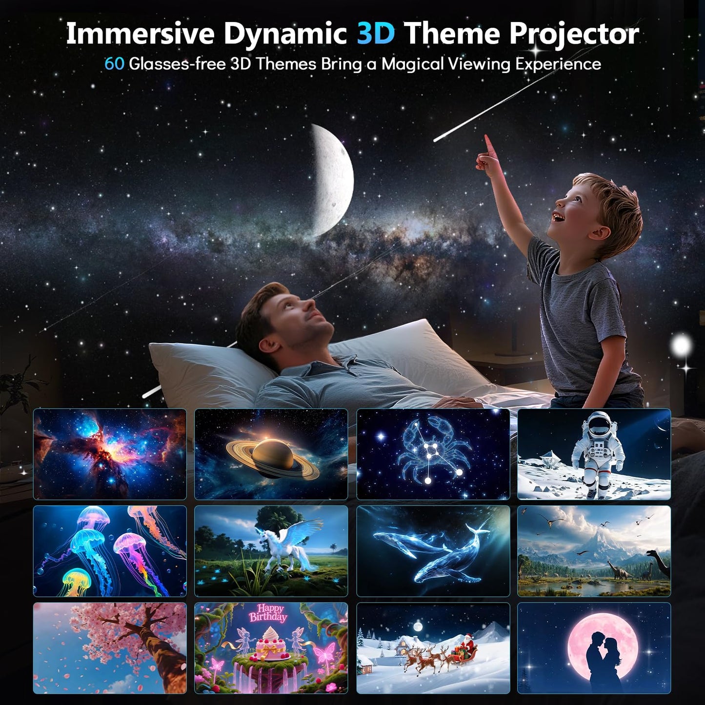 Rossetta 3D Projector  Mini Hd 3D Galaxy Projector With Bluetooth Speaker & Remote  1/2H Timer  60 Themes  Night Light For Kids Bedroom  Room Decor  Birthday & Christmas Gifts For mature-themeds  Girls  Boys