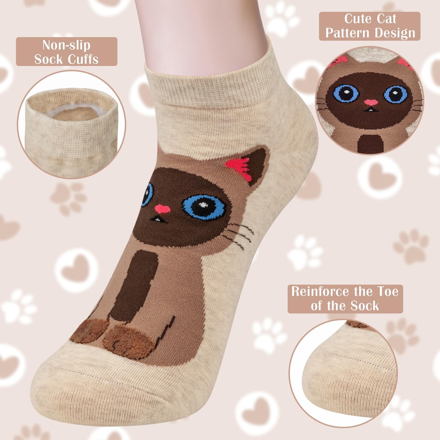 Justay 5 Pairs Cat Socks - Cute Cotton Novelty Funny Animal Fun Ankle Socks for Women Gifts
