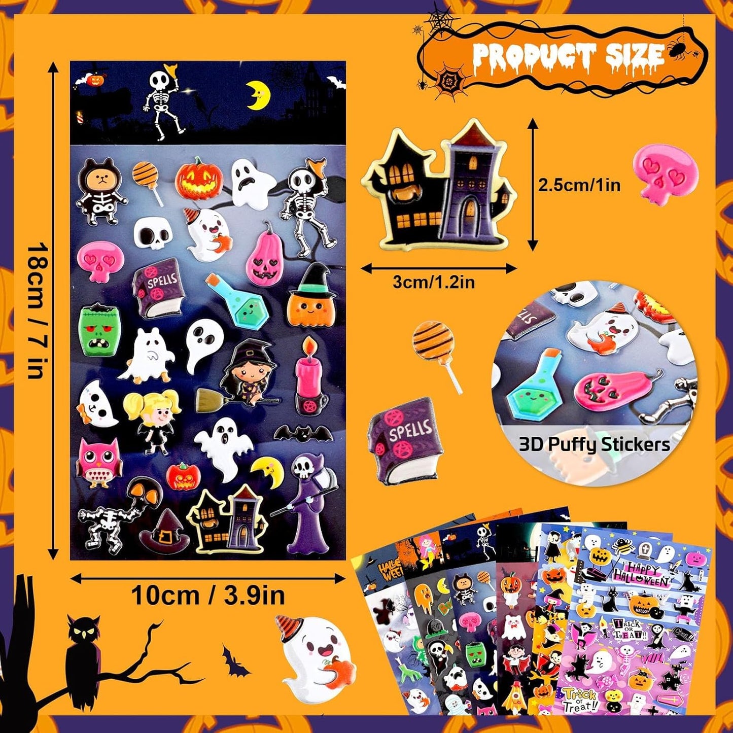 UPINS Halloweens Stickers for Kids, 10 Sheets 3D Happy Halloween Stickers Cute Puffy Stickers Ghost Pumpkin Skull Bat Spider Foam Stickers for Halloween Party Favors Scrapbooking DIY Crafts