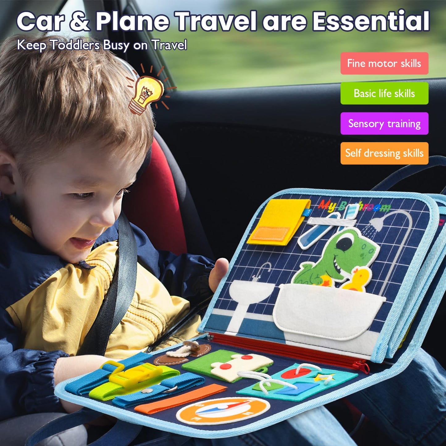 Ejanmilar Busy Book for Toddlers 1-3, Montessori Toys Busy Board for 1 2 3 4 Year Old Boy Girl Birthday Gift Educational Learning Quiet Activity Book Airplane Car Travel Toys for Tollders Kids 1-3