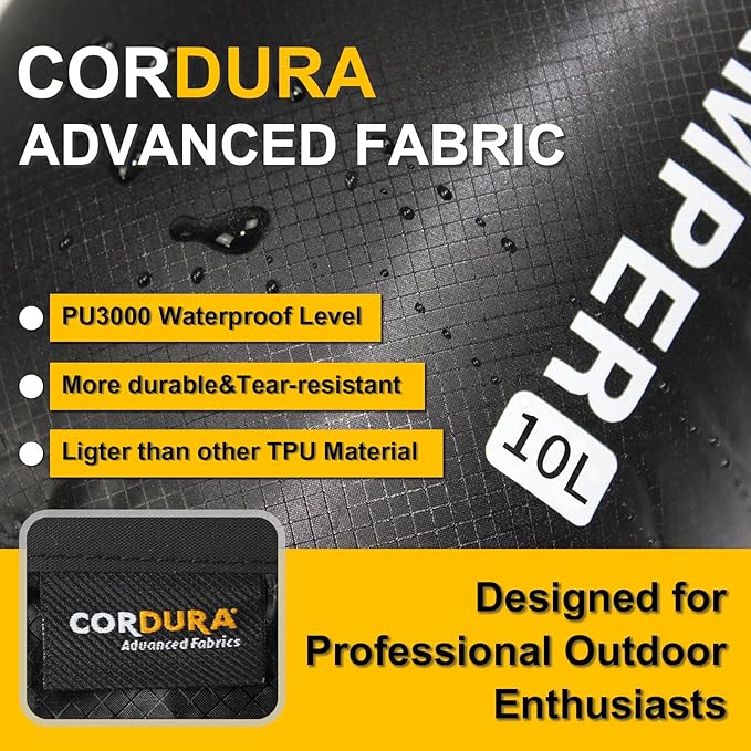 Waterproof Dry Bag with Survival Whistle-Enhanced Tear-resistant CORDURA Fabric-Lightweight Storage Sack for High-Intensity Adventures-Float on Water-Keep Luggage Dry&Organized(10L/Black)