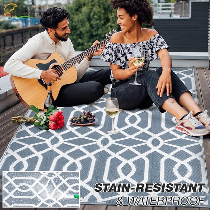 wikiwiki Outdoor Rug, 9x18ft Waterproof Reversible Mat Indoor Outdoor Rugs Carpet, Small Area Rug Plastic Straw Rug for Patio Deck Balcony Pool RV Camping Beach Picnic, Grey, Rugscape Series
