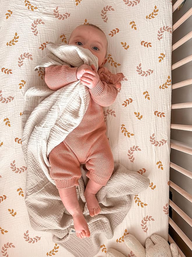 Pack and Play Sheets for Baby Boys and Girls 39"x27"x3", Neutral Muslin Cotton Pack N Play Mattresses Sheet with Boho Style, Soft and Breathable Comfort (Leaf)