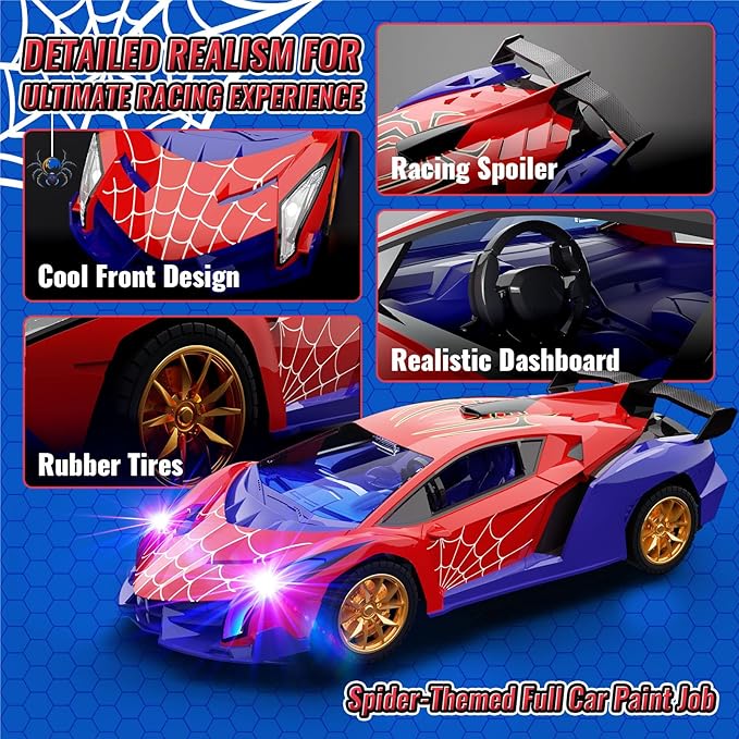 Spider Remote Control Car with Multi-Color Flash Lights, Drift RC Cars, Spider Toys Gifts for 3 4 5 6 7 8 9 10 Year Old Boys Age 3-4 4-6 6-8 8-12 Christmas Birthday Gift, Toddler Kids Toy