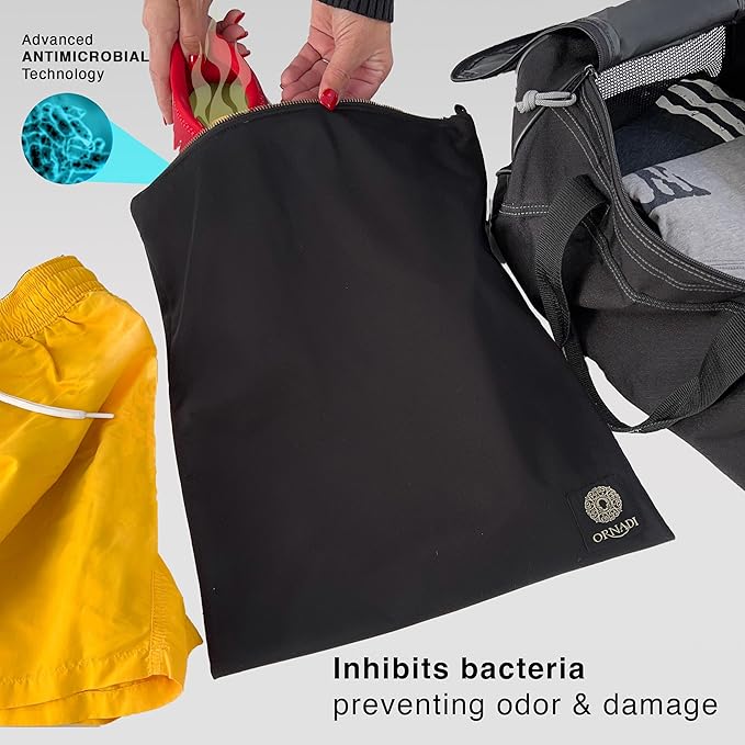 Wet Gym Clothes Bag Waterproof Antimicrobial Sack Inhibits Bacteria & Odor from Dirty Laundry, Swimsuits, Sweaty Shoes for Smell Proof Travel 14 X 17.5" Made in USA by Ornadi