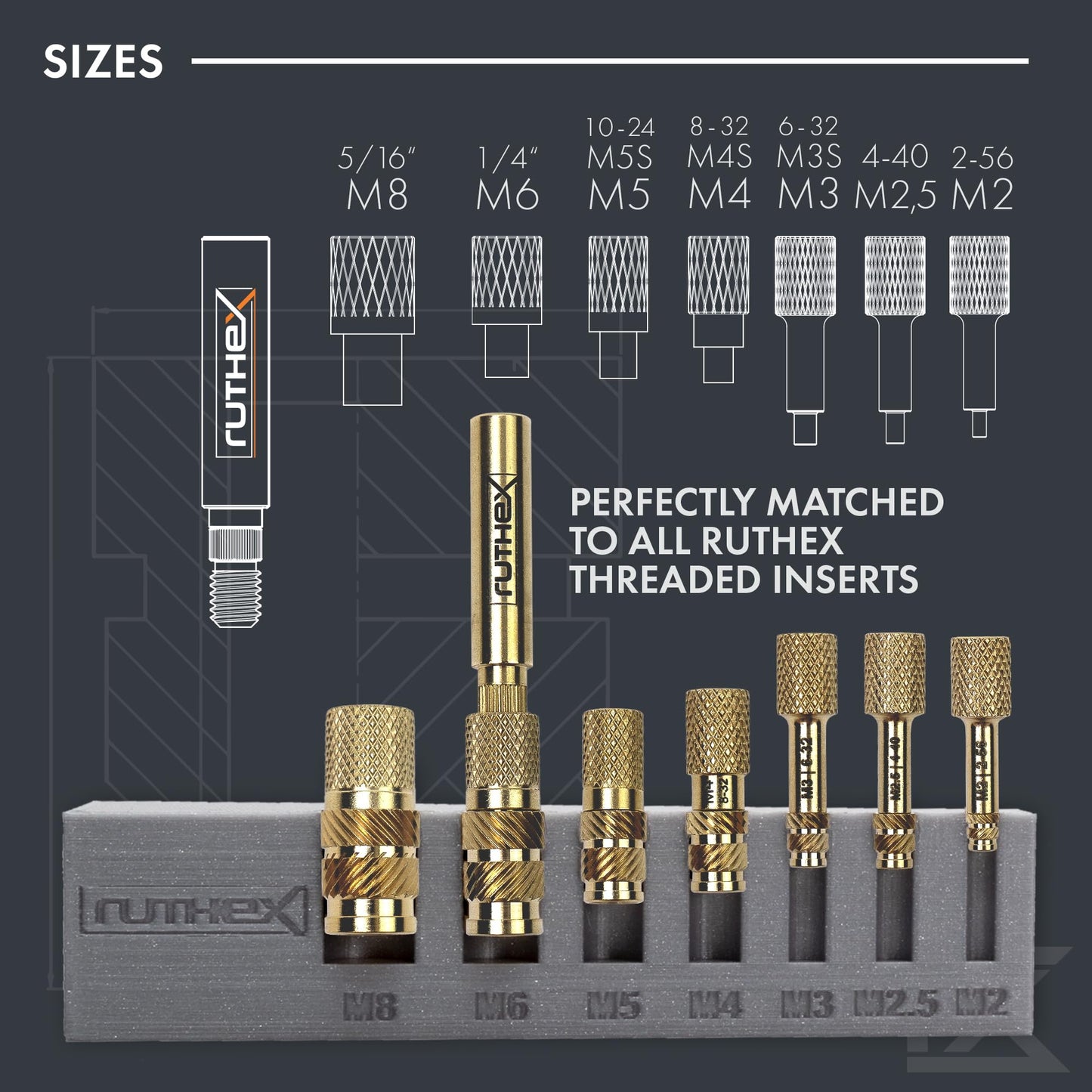 ruthex 7x Soldering Tips/Heat Set Insert Tips - for Thread Inserts M2 / M2.5 / M3 / M4 / M5 / M6 / M8 - #2-56 / #4-40/ #6-32/ #8-32/ #10-24 1/4" and Soldering Iron Adapter 900M / T18
