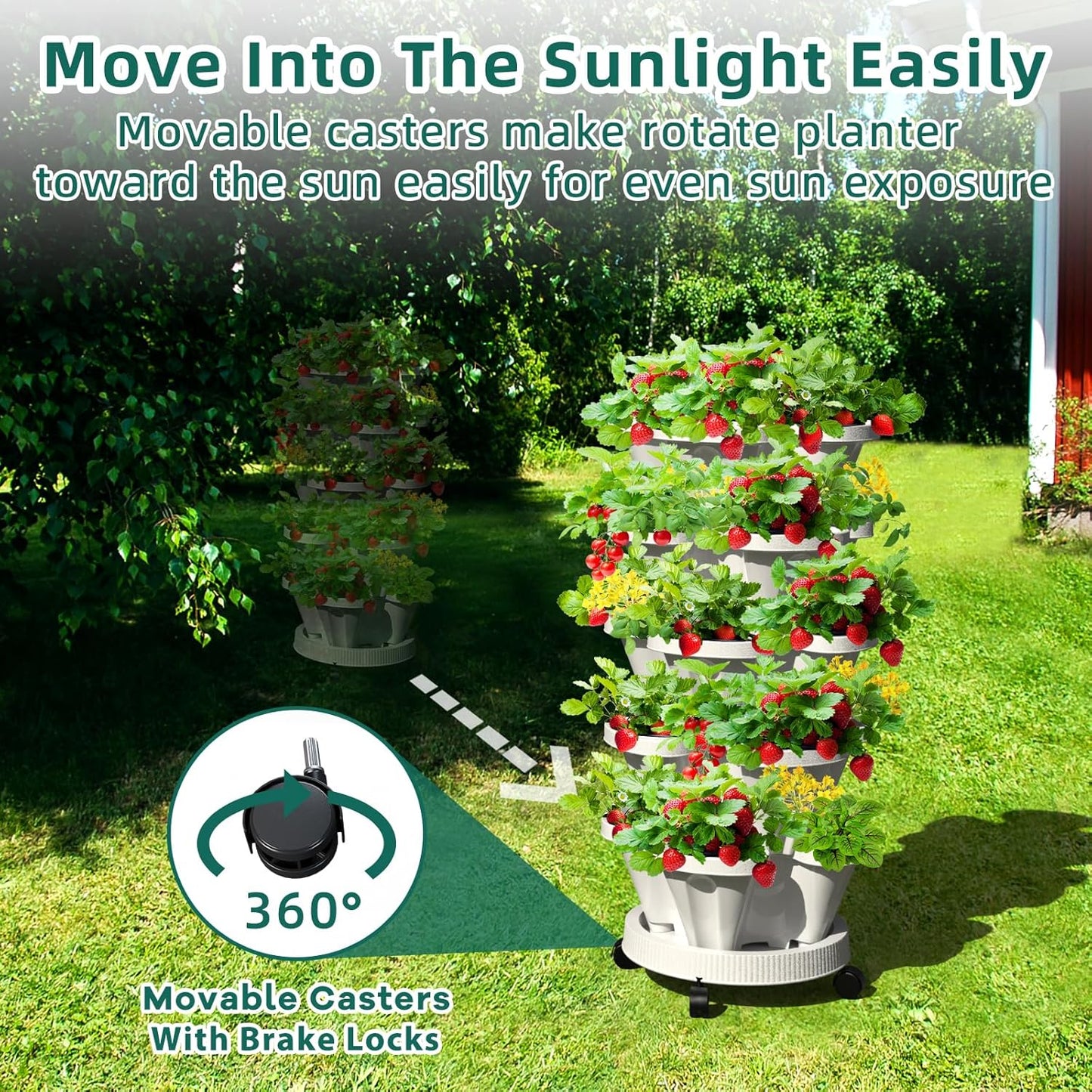 Strawberry Vertical Planters, 5 Tiered Stacking Tower Garden with Support Pole, Stackable Herb Vegetable Planters Indoor and Outdoor - White