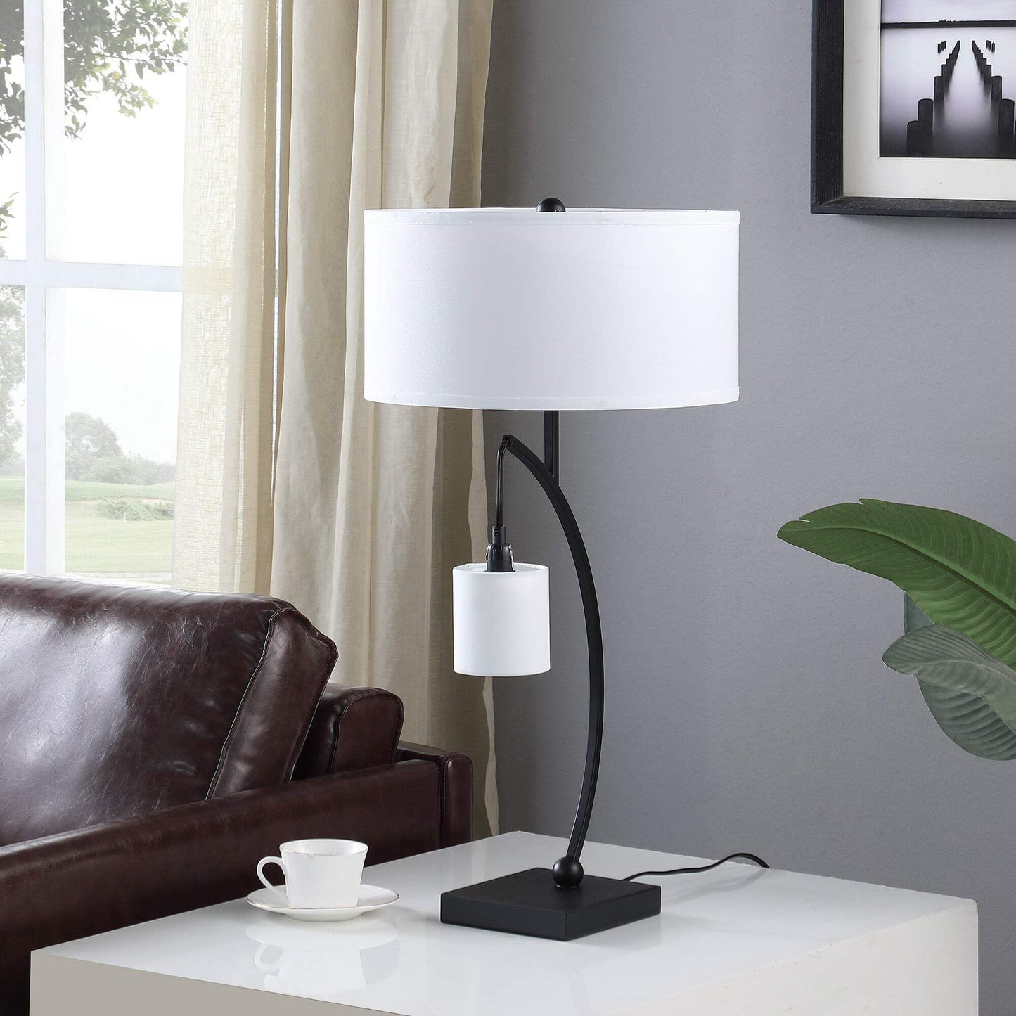 Homeroots Black Metal Two Light Arched Table Lamp With White Drum Shade, Model 524264, 28.5 X 15 X 15 In.