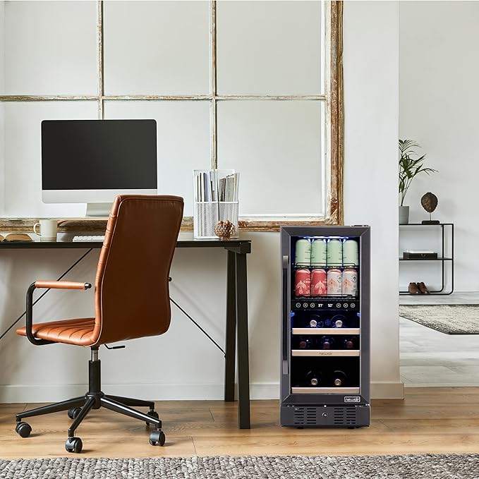 NewAir 15" Wine and Beverage Refrigerator 9 Bottle and 48 Can Capacity, Beverage Cooler in Stainless Steel, Built-in or Freestanding Dual Zone Drink Fridge with Triple-Pane Glass Door