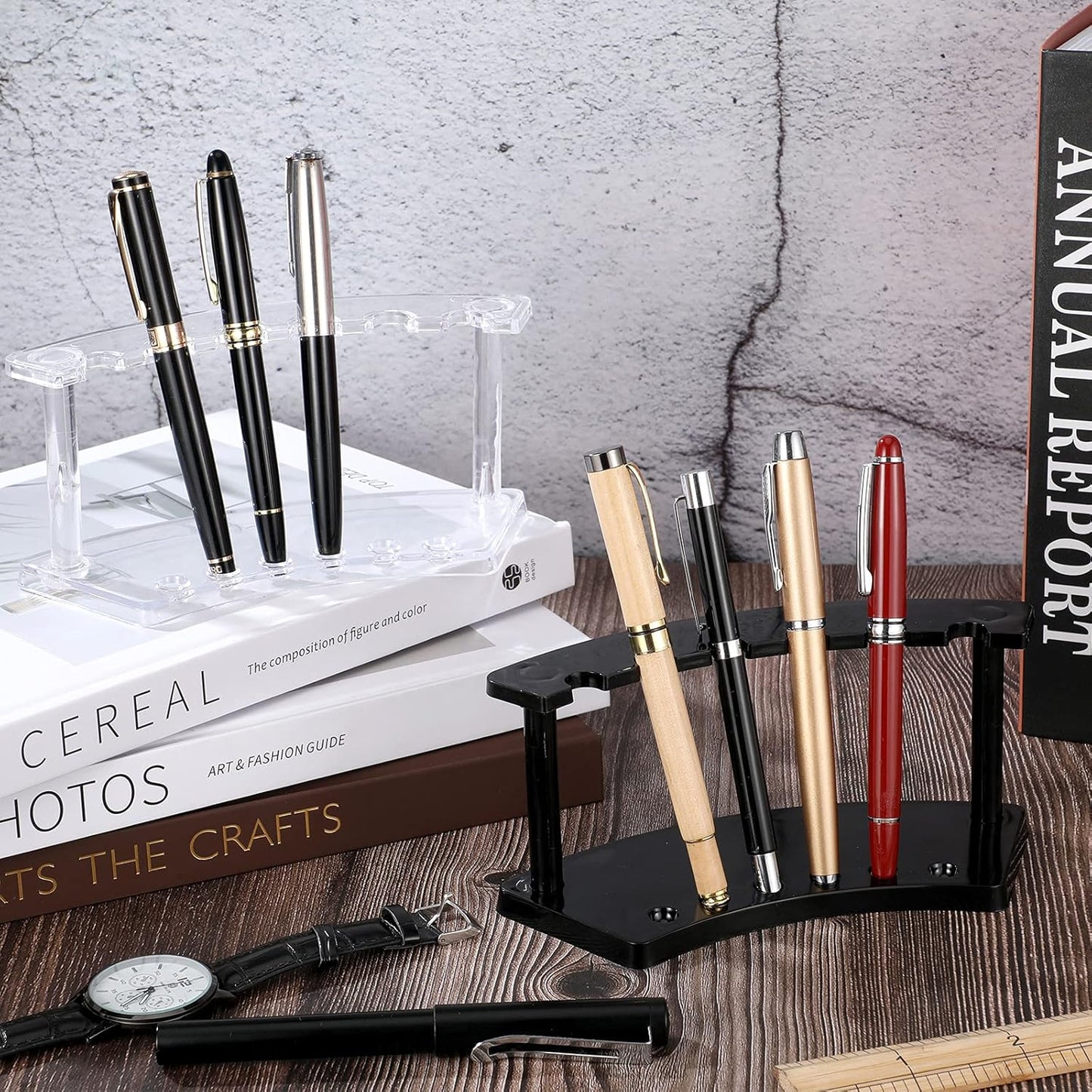 Tinlade 2 Pieces Plastic Pen Holder Stand Display Rack 6-Slot Pen Makeup Brush Rack Organizer Eyebrow Stand for School Office Home Store(Clear,black)