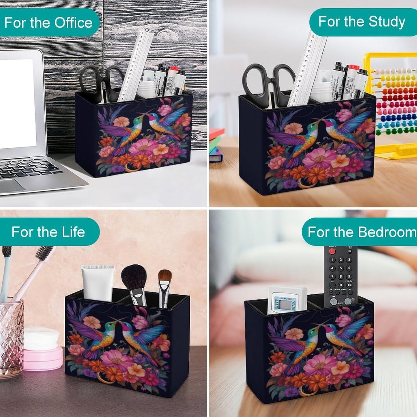 Hummingbirds And Flower Lether Pen Holder for Desk Makeup Brush Holder Office Organizer Desk Accessory for School Office