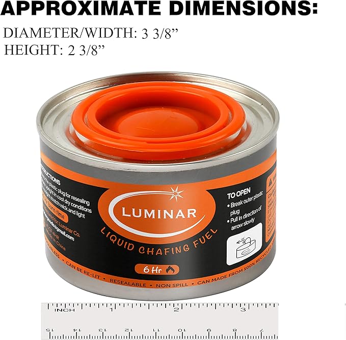 Luminar Resealable-Wick Chafing Fuel Cans, 12 Pack, 6 Hour - Premium Quality Burners for Food Warmers - No More Spills, Waste, or Hassle - Perfect for Convenient, and Long-Lasting Event Catering