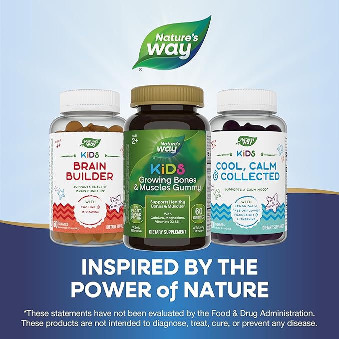Nature's Way Kids Growing Bones & Muscles Gummies, Supports Healthy Bones & Muscles*, Calcium, Magnesium, Vitamins D3 & K1, Ages 2+, Wildberry Flavored, 60 Gummies (Packaging May Vary)