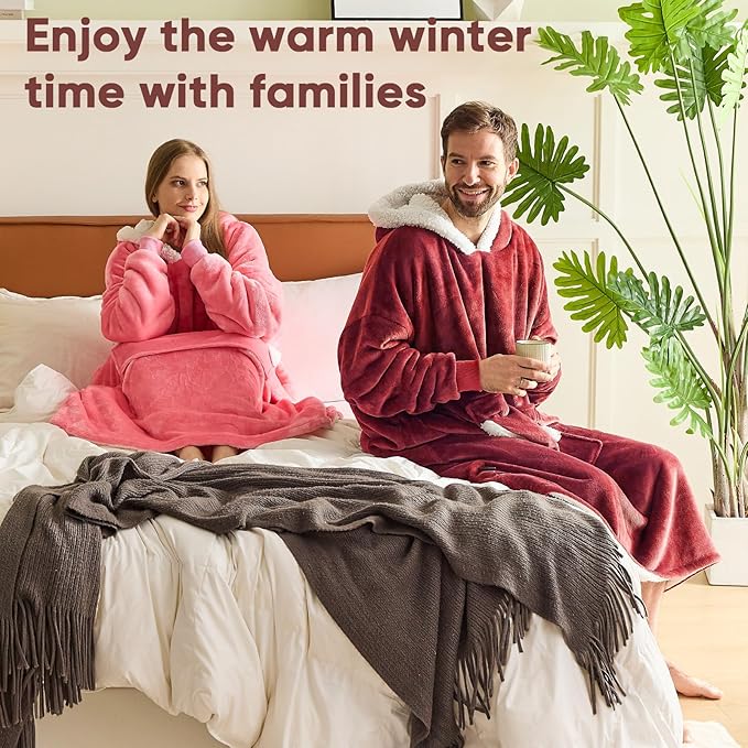 yescool Wearable Blanket Hoodie, Flannel Sherpa Fleece Blanket Sweatshirt for Adults Women Men,One Size Fits All