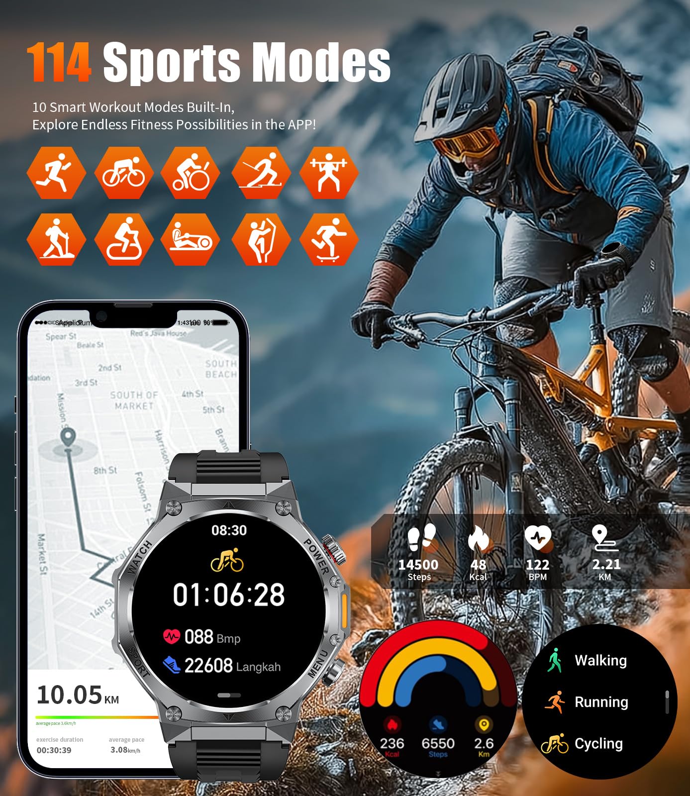 SUNKTA EF15 Military Smart Watch for Men - LED Flashlight, 1.75" HD Fitness Tracker Watch, 800mAh Long Battery Mens Smart Watches, 110+ Sport Mode/Pedometer/IP68 Waterproof Smartwatch for Android iOS