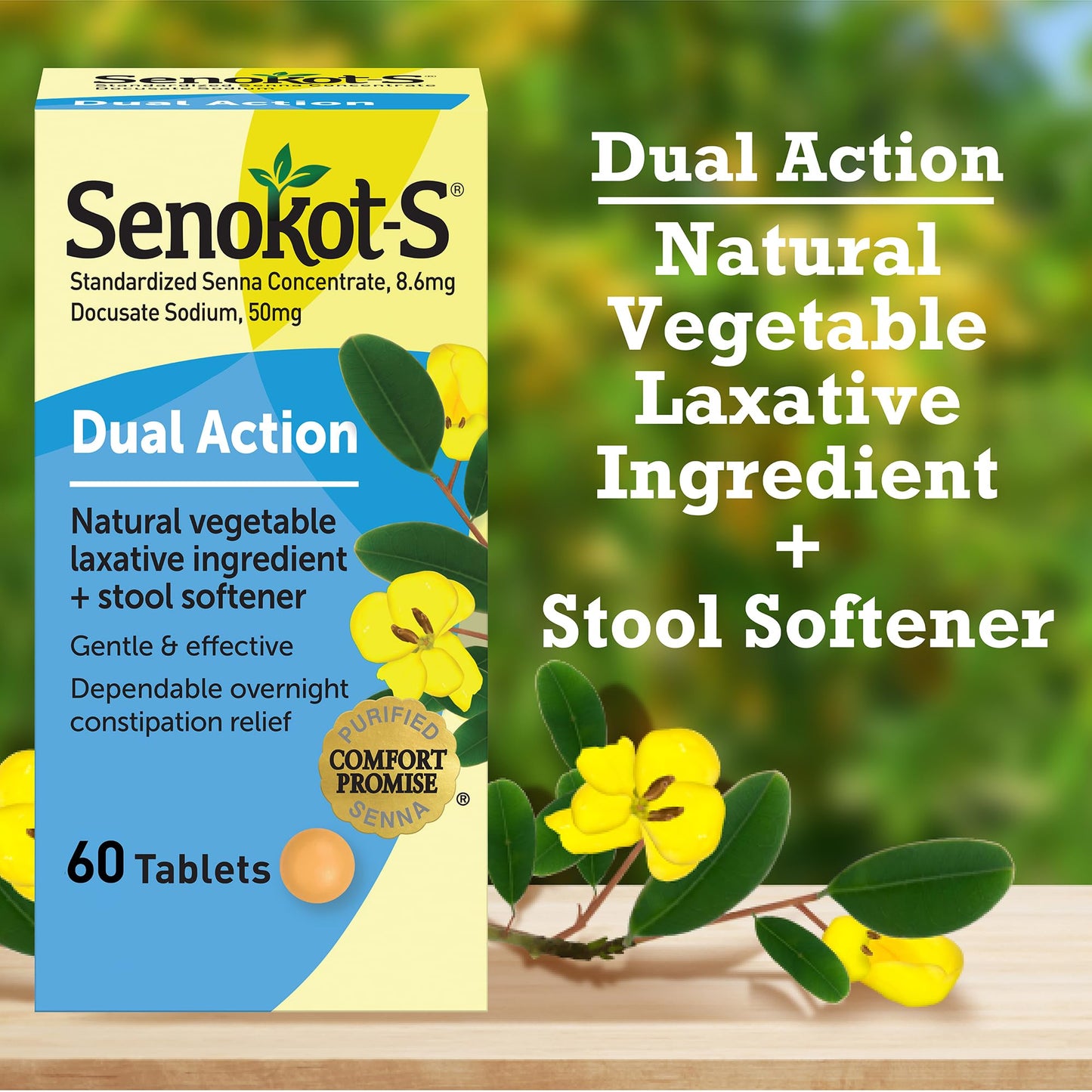 Senokot-S Dual Action Natural Vegetable Laxative Ingredient Plus Stool Softener Tablets, Docusate Sodium, Senna Concentrate, Gentle, Overnight Relief From Occasional Constipation, 60 ct