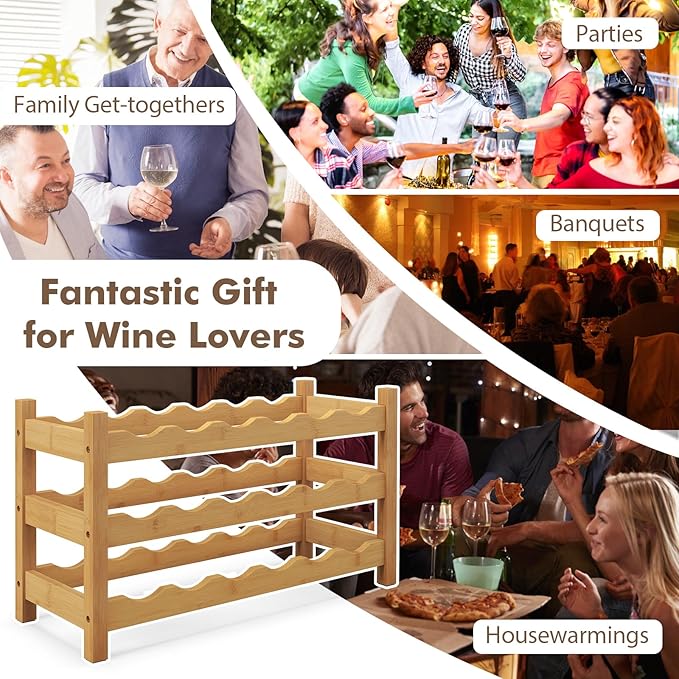 Giantex Bamboo 3-Tier 18-Bottle Wine Storage Cabinet Shelf, Small Countertop Wine Organizer for Kitchen, Bar, Pantry & Wine Cellar, Natural