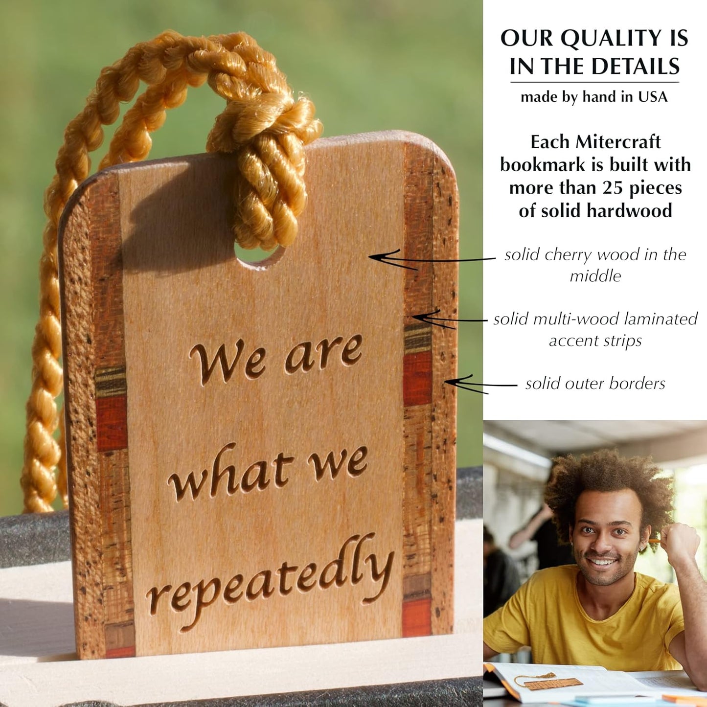 Personalized Aristotle Excellence Quote, Engraved Wooden Bookmark - Made in USA - Also Available Without Personalization