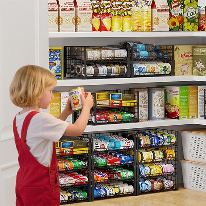 3-Pack Stackable Can Rack Organizer for Pantry, Adjustable Can Holder for Various Ounce of Cans up to 90, Rolling Can Dispenser for Canned Food Soup Goods Storage in Kitchen Cabniet, 2 Tier, Black