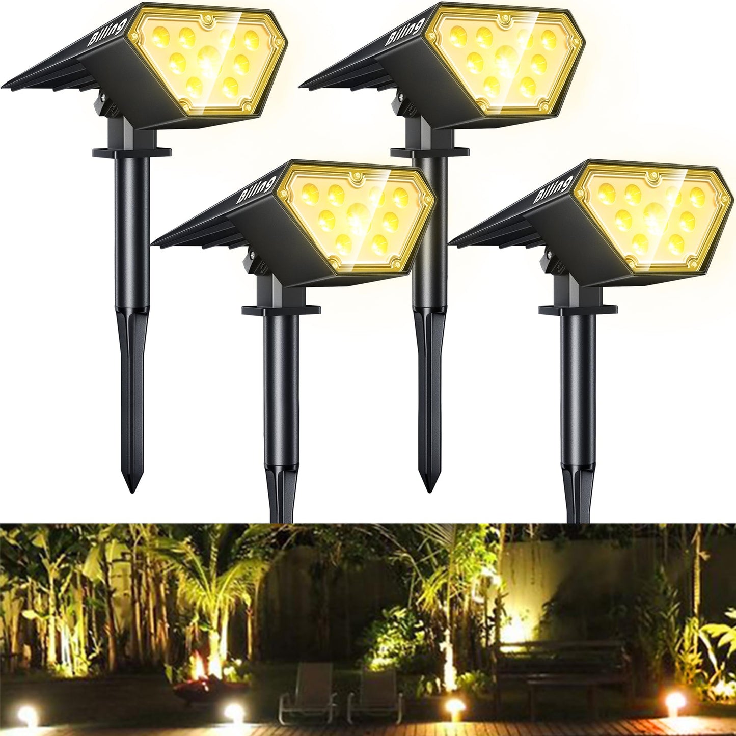 Biling Solar Spot Lights - 700 Lumen, IP67 Waterproof, Adjustable, 4 Pack, Warm White, ABS Material