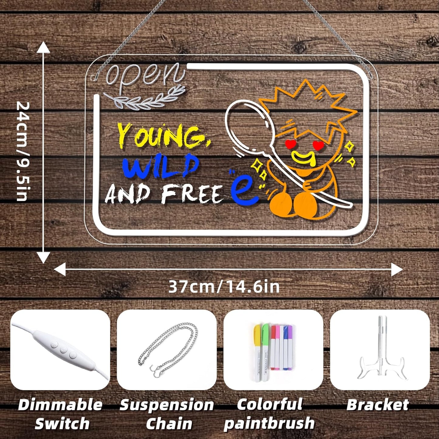 NOSUN OPEN LED Note Board 14.6*9.5” Acrylic Dry Erase Light Up Message Board with Chain and Stand, for Bar Salon Coffee Stores Club Hotel Kids With 7 Color Markers Glow Rewritable Memo Drawing Writing Board