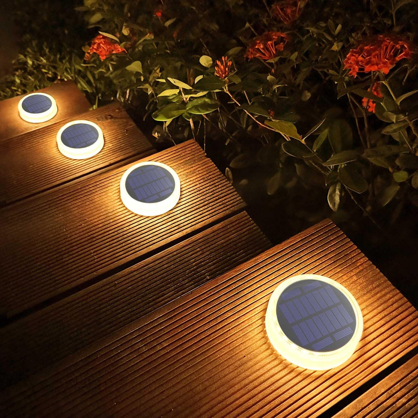 Lacasa Solar Deck Lights, 4 Pack, 30LM, IP68 Waterproof, Auto ON/OFF, Warm White 2700K, Round