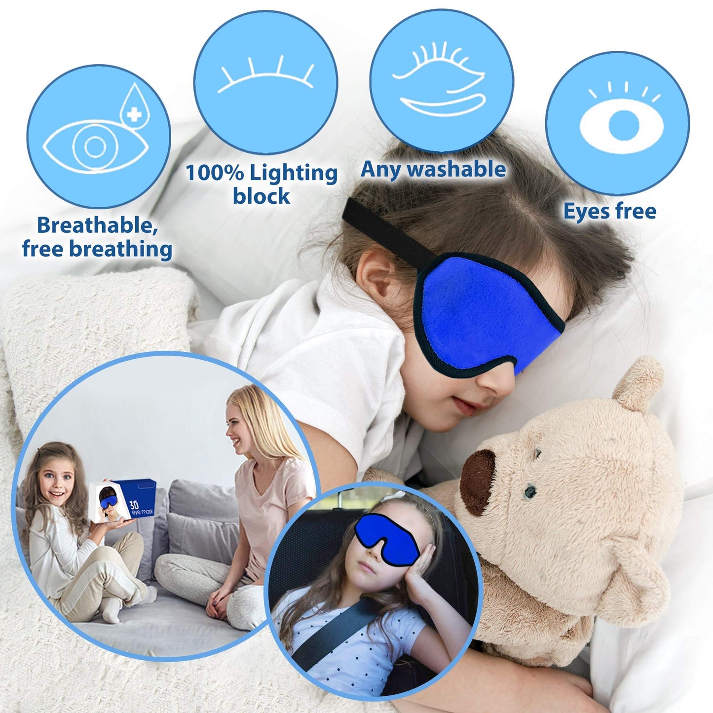 ASTRA VENA 3D Sleep Mask for Kids, Light Block Sleeping Blindfold Memory Foam Contoured Eye Mask for Sleep, Adjustable Strap Eye Cover and Travel Sleep Mask for Boys Girls, Dark Blue