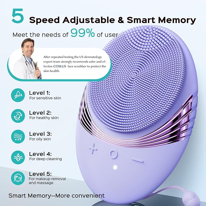 COSLUS Facial Cleansing Brush Face Scrubber : Silicone Waterproof Rechargeable Face Wash Brush, 5 Cleansing Modes, Electric Deep Cleaning for Men & Women, Removing Blackhead, Exfoliating, Massaging