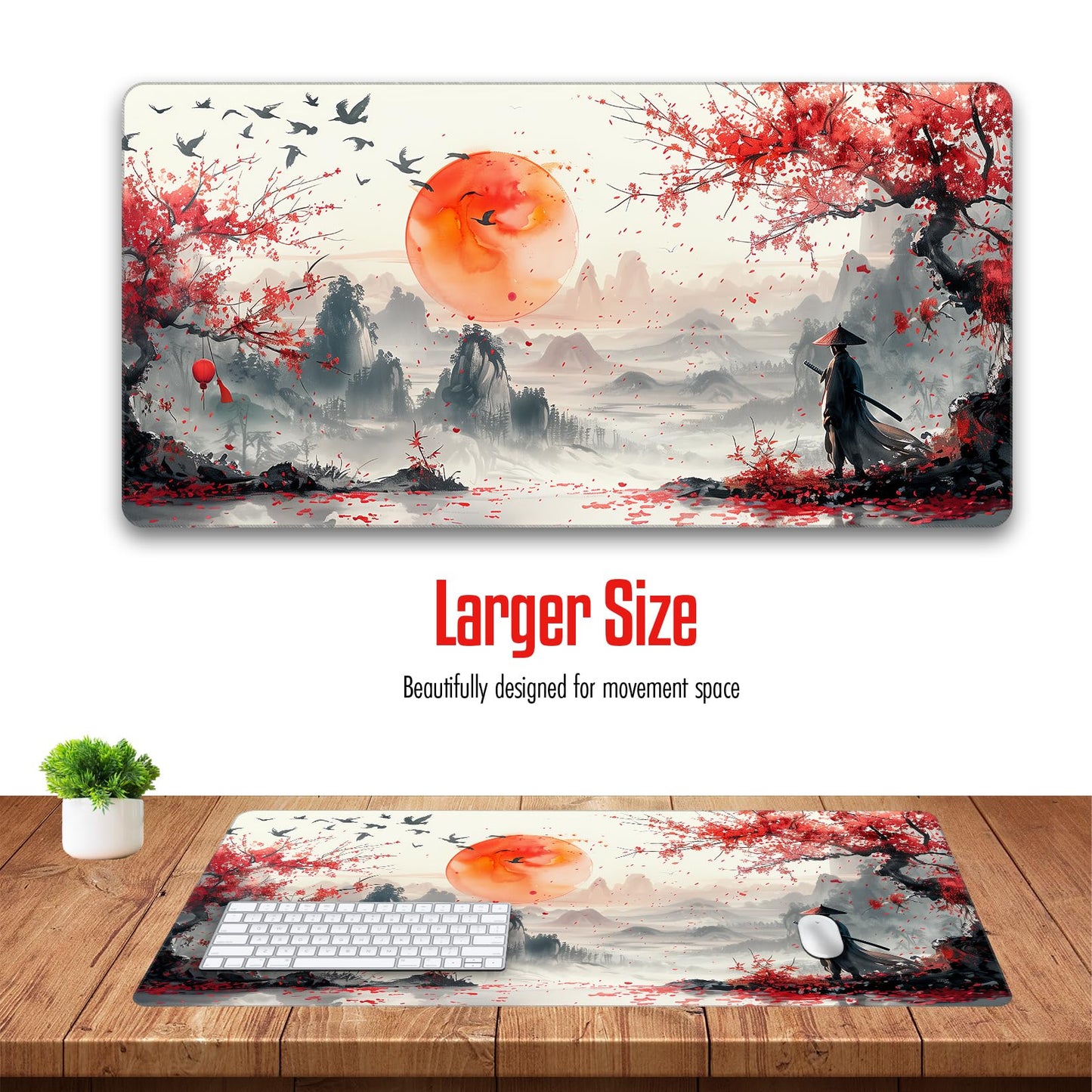 VNDL Large Japanese Gaming Mouse Pad, White and Red, Premium Non-Slip Anime Desk Pad for Office, Extended XL XXL Mouse Mat and Laptop Pad, Waterproof and Stiched Edges 31.5 x 15.7 in (sam1)