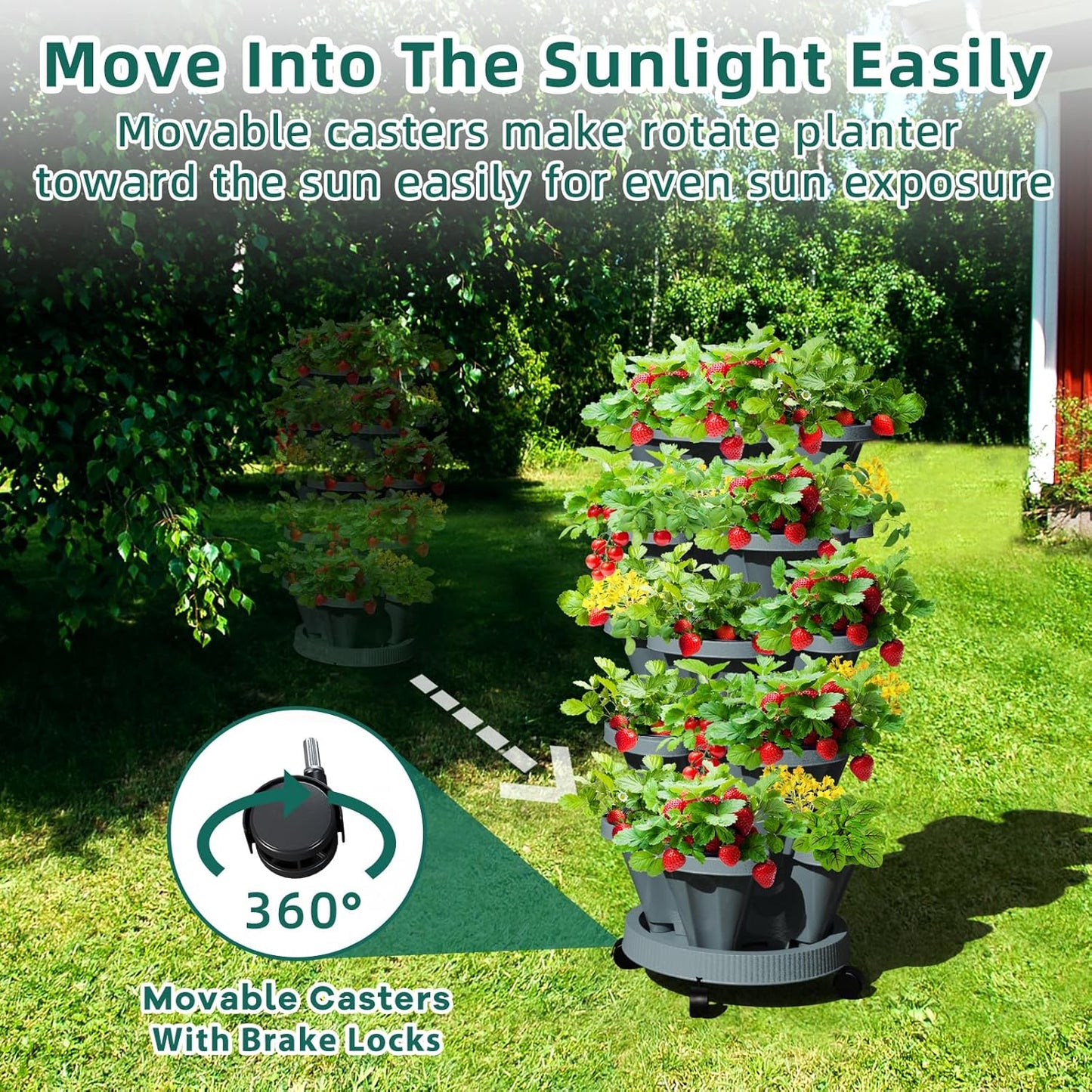 Strawberry Vertical Planters, 5 Tiered Stacking Tower Garden, Stackable Herb Vegetable Planters with Movable Casters and Bottom Saucer Indoor and Outdoor - Dark Grey