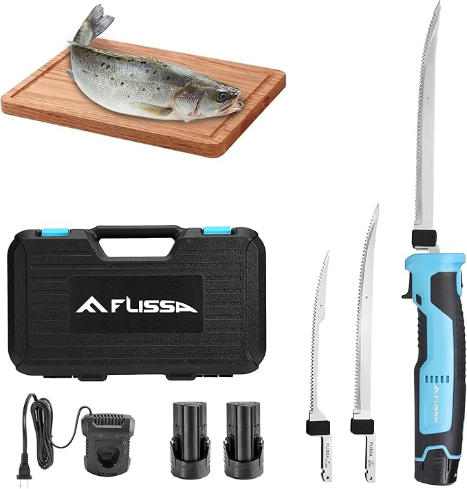 FLISSA Cordless Electric Fillet Knife for Fish with 8" and 10" Stainless Steel Blades, 12V Rechargeable Electric Knife with Non-Slip Handle, 2 Packs Long Lasting Lithium-ion Battery, Portable Carry Case