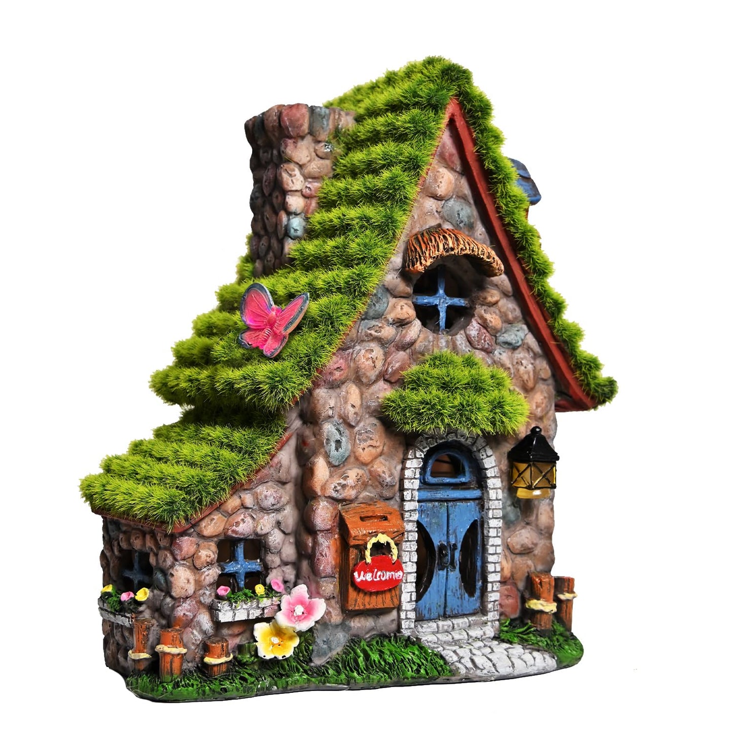 ASAWASA Resin Fairy House Statues with Solar Lights, Double House Garden Sculptures