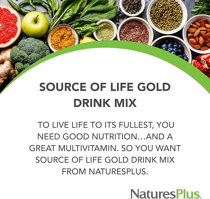 Natures Plus Source of Life Gold Drink Mix, Tropical Fruit Flavor - 1.2 lb - Multi-Vitamin Supplement - Blood, Bone & Immune Support - Gluten Free - 30 Servings