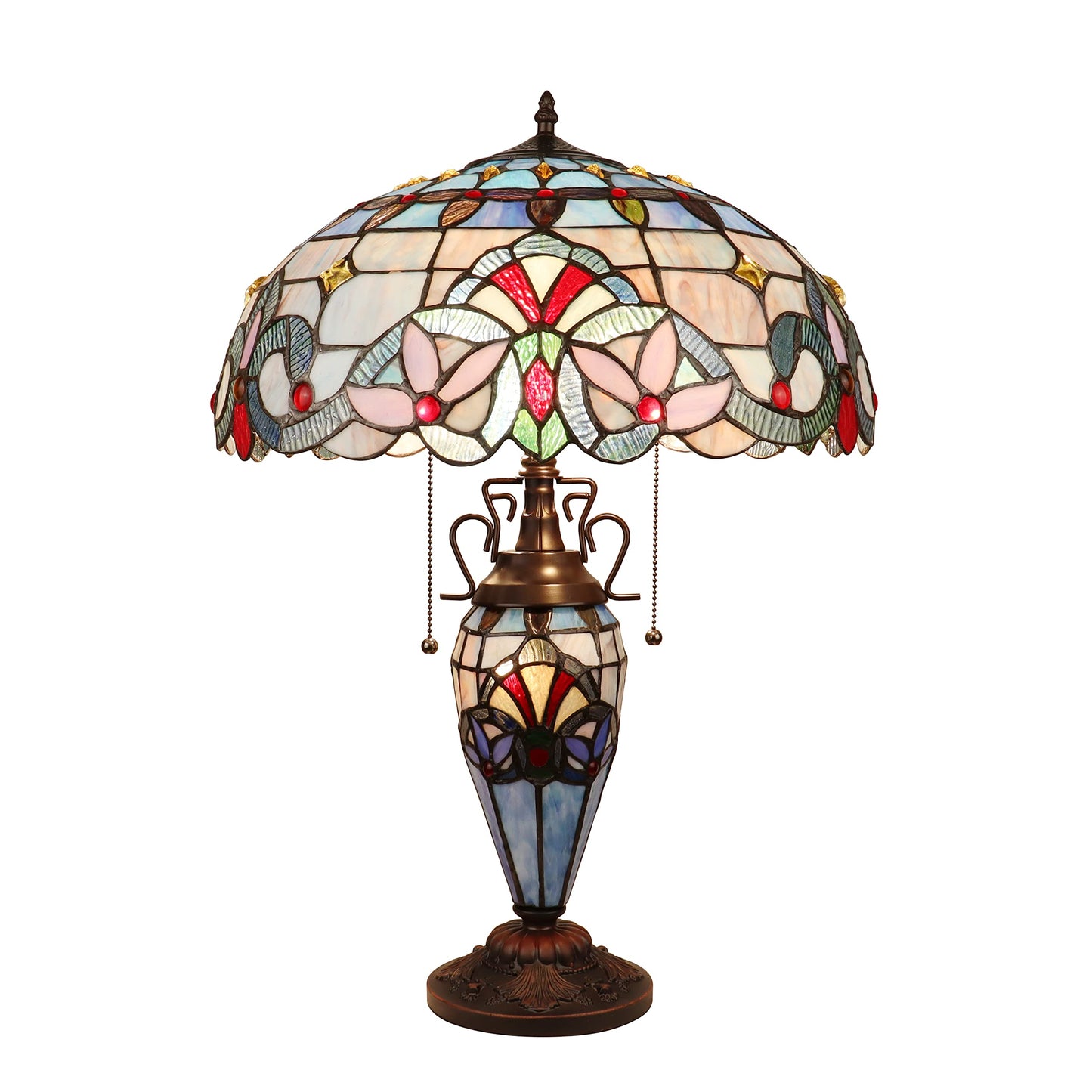 Chloe Lighting Victorian-Style Table Lamp, Dark Bronze, 3 Light, 18in Wide, Model CH3T381VB18-DT3, Multicolor Glass