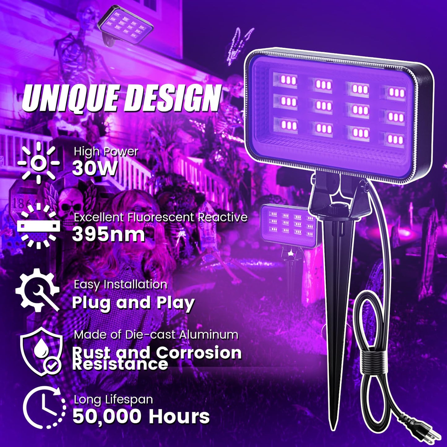 Waygor 30W Black Light Spotlight - IP66 Waterproof LED, 395nm, 2 Pack, Black