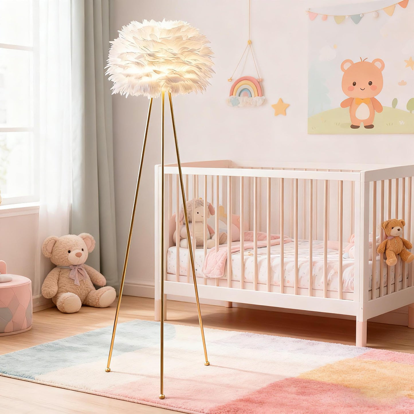 Maxax 60 Tripod Floor Lamp - Modern Gold With White Feather Shade, F21 Model For Bedroom, Dining Room, Living Room, Kitchen