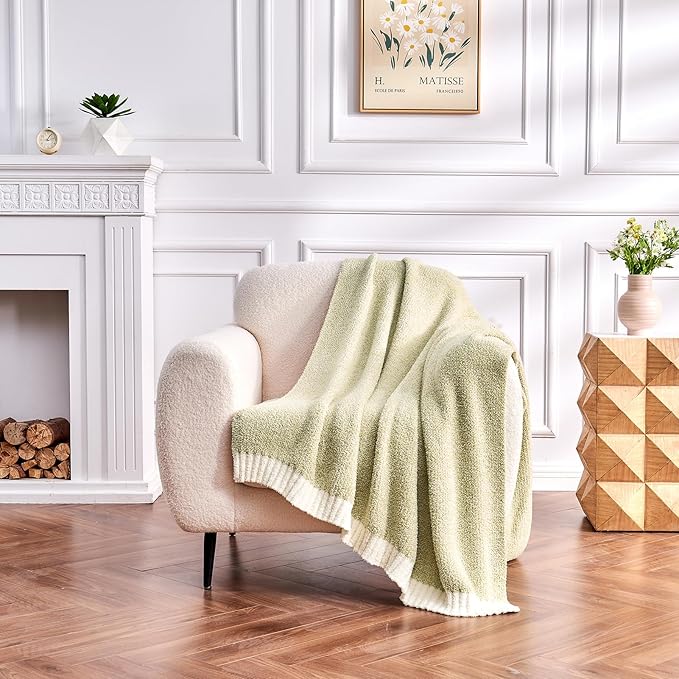 CozeCube Melange Blanket, Ultra Soft Sage Green and White Throw Blanket, Warm Cozy Knit Fuzzy Plush Reversible Throw for Couch Bed Sofa, 50"x60"