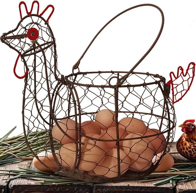 TAIANLE. Chicken Wire Egg Basket for Gathering Fresh Eggs Collecting Basket with Handle, Vintage Rooster Chicken Shaped Fruit Bowl for Home Farm Decor Organizer for Kitchen Countertop