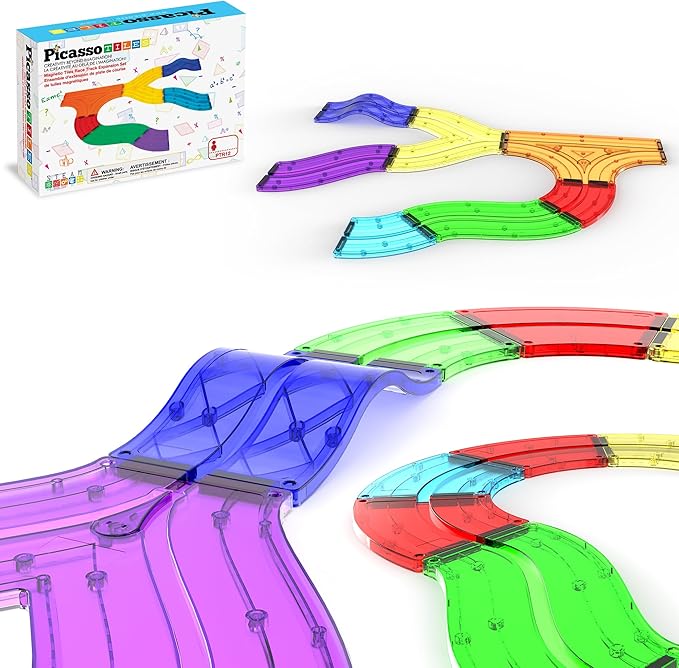 PicassoTiles 12pcs Race Track Add-On Magnetic Railway 5Styles Building Block Set Magnet Tiles Construction Toy STEM Learning Early Education Toys Blocks Child Brain Development for Kids Age 3+ PTR12