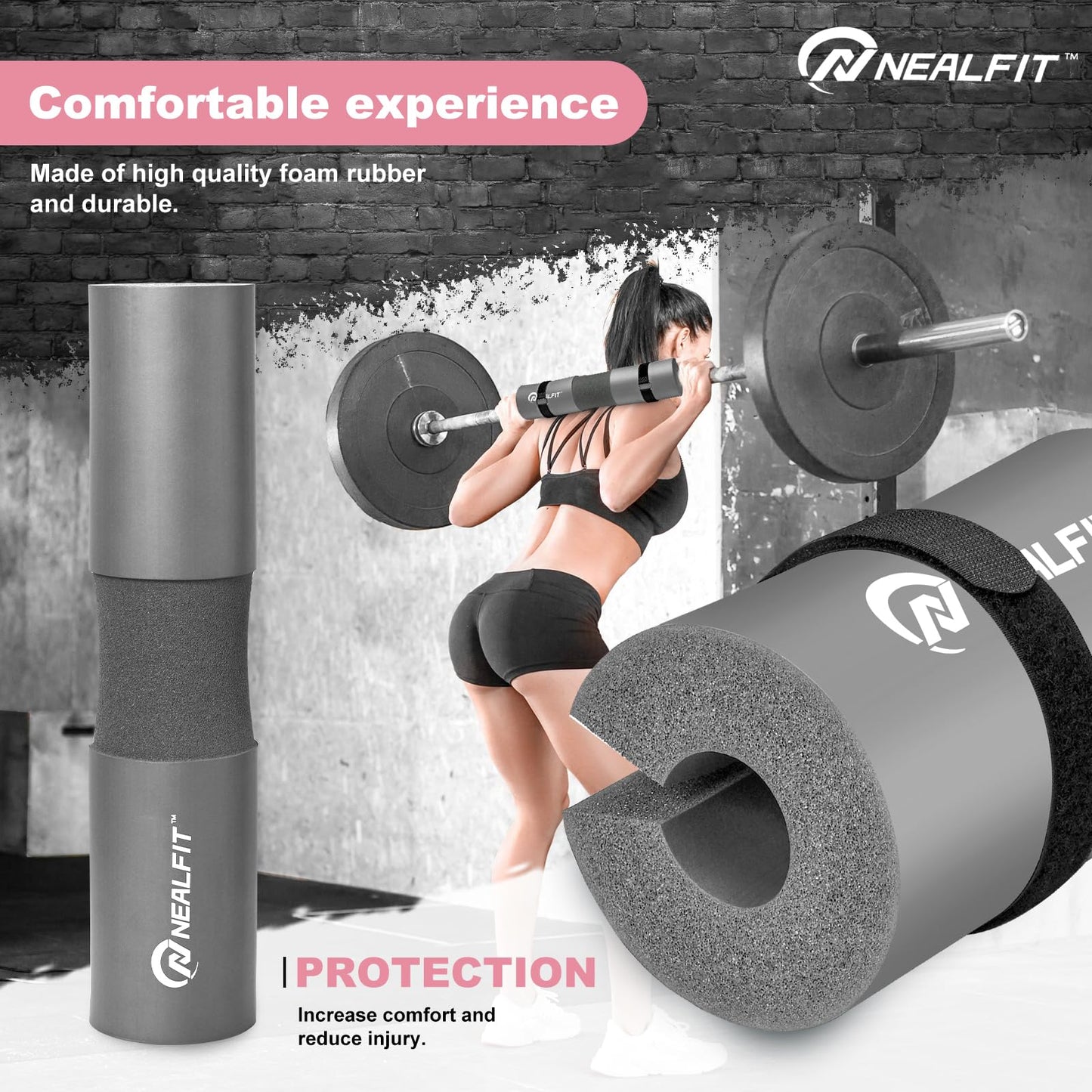 NEALFIT Barbell Pad Squat Pad for Squats—Squat Bar Pad—Great for Weightlifting,Lunges and Hip Thrusts—Foam Sponge Pad—Fit Standard and Olympic Bars Perfectly (Grey)