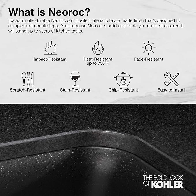 KOHLER K-28000-CM6 Cairn 27.5" Neoroc Composite Undermount Single-Bowl Kitchen Sink, Composite Kitchen Sink with Sink Rack, Matte White